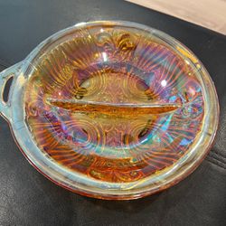 Vintage Indiana Iridescent Glass 2 Section Relish Tray Plate Dish Bowl
