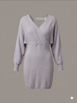 Gray Ribbed Knit Mini Sweater Dress