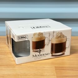 NEW Libbey Moderno 4 Piece Clear Glass Coffee Mugs Set 10.4 oz Tea Cappuccino Cups