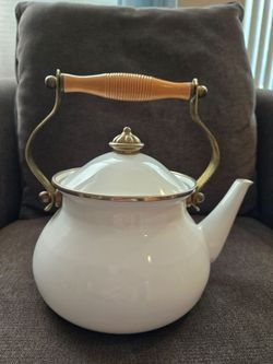 Vintage White Enamel Tea Kettle with Brass and Wood Swing Handle