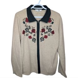 ALIA Zip up Cream Green Leaf Embroidered Sweater Grandma Knit