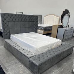 (NEW IN BOX) Queen Size Grey Platform/Storage Bed Frame with Bluetooth Finance $54 Down Pmt
