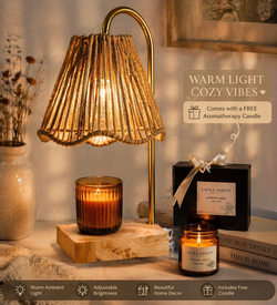 Rattan Candle Warmer Lamp – Boho Touch Lamp with FREE Scented Candle, Cozy Bedside Light Home Decor