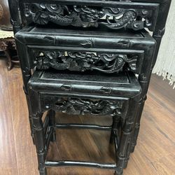 SET OF 3 Antique 19th Century Chinese Rosewood Carved  Dragon Nesting Tables