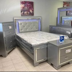 🔥 New Queen Bedroom Set – Silver Mirrored with LED – 5 Luxury Pieces 🔥 