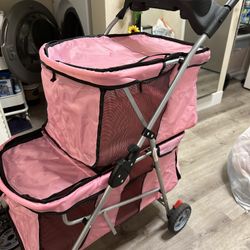 Pet Dog Cat Stroller Double Level Pink