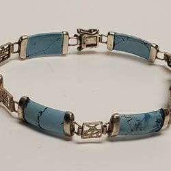 925 Sterling Silver Bracelet Oriental Design Link Turquoise Color Accents 