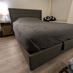 Modern Queen Wingback Upholstered Platform Bed Frame with Underneath Storage in Dark Grey