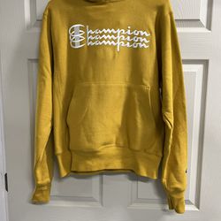 Champion Small Mustard Yellow Reverse Weave Big Repeat Logo Hoodie Sweatshirt 