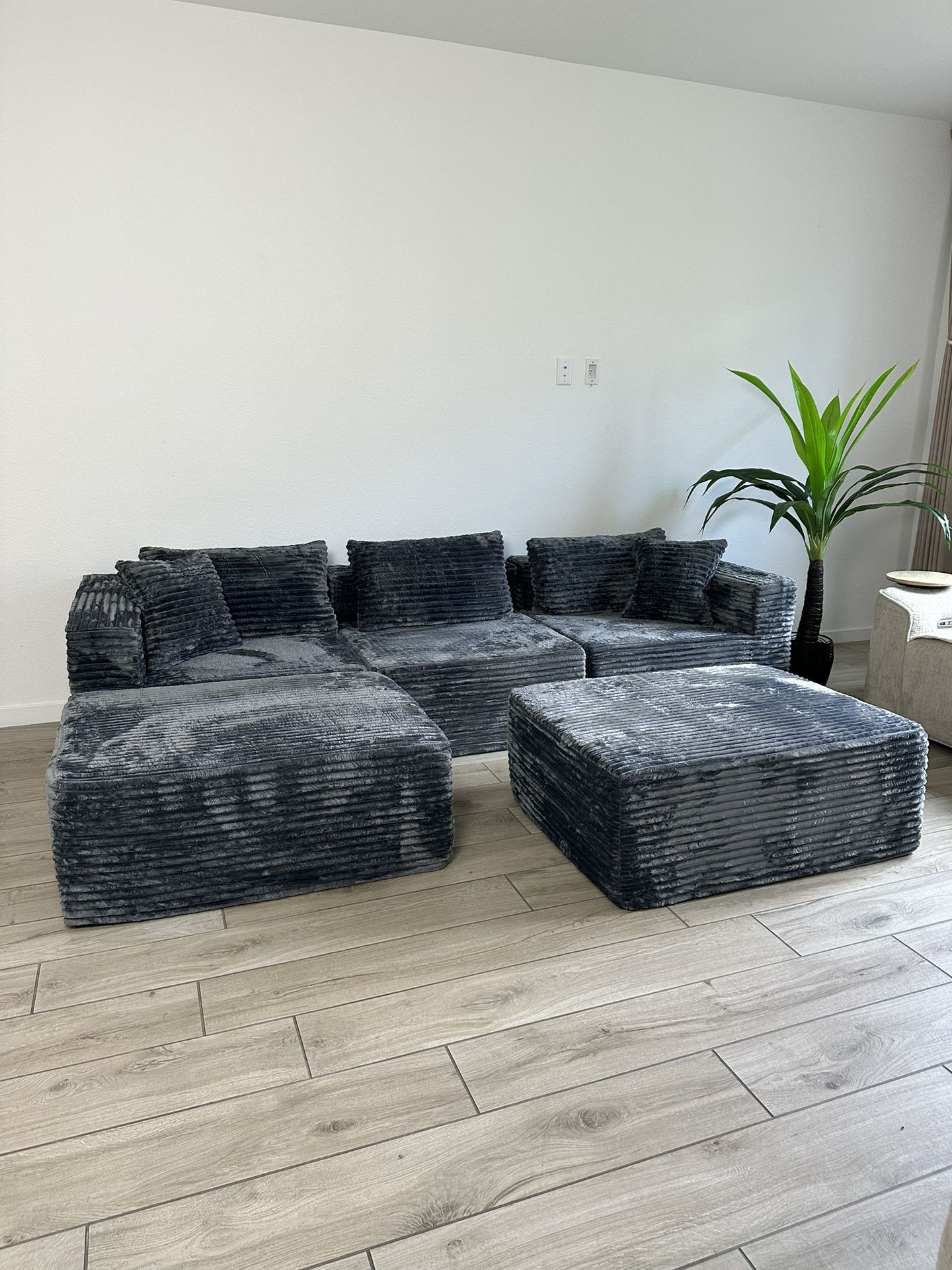 New 5-Piece Modular Grey Corduroy Cloud Sectional Sofa Couch