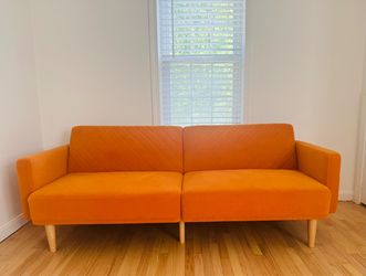 Mid-Century Modern Futon Sofa Bed – Like New – Apricot Velvet