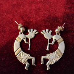 Sterling Silver and 14K Kokopelli Earrings by Navajo Artist Calvin Begay