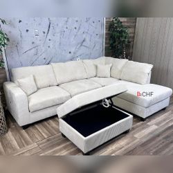 Corduroy Sectional Couch With Storage Ottoman 