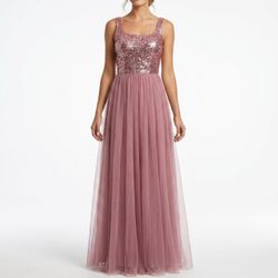 Ever-Pretty Coquette Sequin Tulle Maxi Dress Dusty Rose Prom Gown Sz 10
