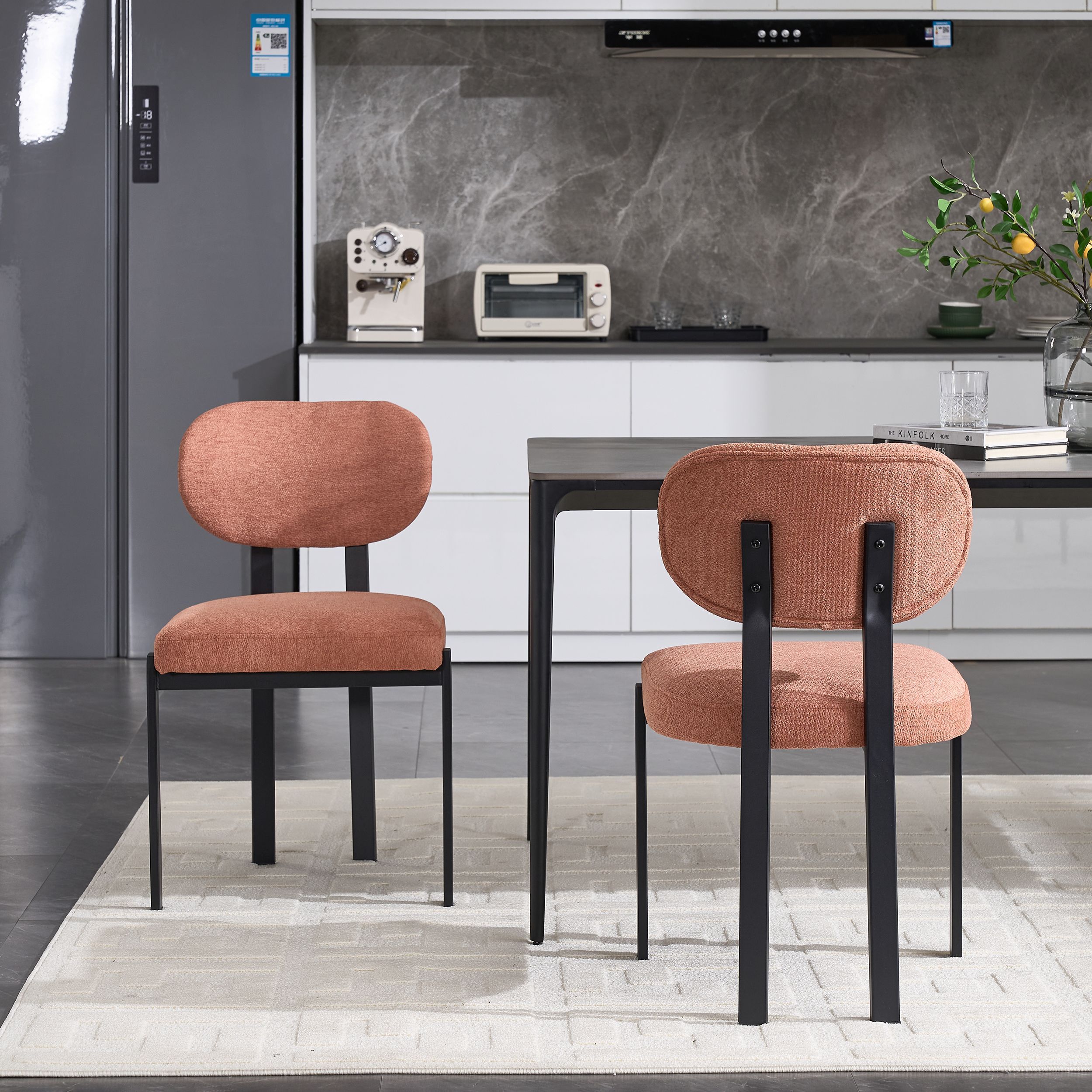 Modern Dining Room Chairs Set of 2, Mid-Century Upholstered Boucle Kitchen Dining Chairs with Black Metal Legs