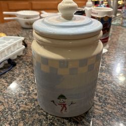 Hartstone Pottery, Snow People, cookie jar w lid, 3-qt, canister, snowman, blue Crate  Barrel