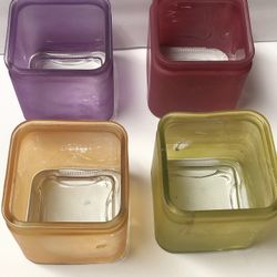 Home decor, cube glass vases, colored (1-orange, 1-pink, 1-yellow green, 1-purple) 5 inches height and 4 / 4.5 inches sides and mouth. 1/8 inch thick
