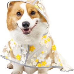 NEW — Floral Dog Clear Raincoat Cute Hooded Slicker Small Puppies Adjustable Dog Waterproof Jacket Snow Clothes with Harness Ring (Yellow,S)