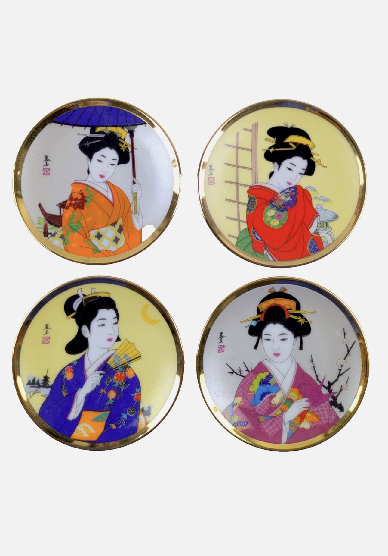 Set of 4 Japanese Geisha Decorative Porcelain Plates 3.15" Gold Trim