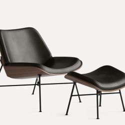 Burrow Vesper Leather & Wood Lounge Chair Slate/Walnut + Ottoman (in box) ❤️