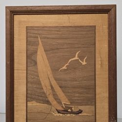Inlaid Wood Sailboat Birds Picture Art Wall Decor 