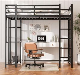Loft Bed Full Size with Desk and Storage Shelves, Full Bed Frame with 2 Side Ladders