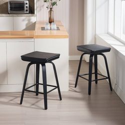 0583(AJYX1710CS-2UBK-103)26" Swivel Counter Height Stools, Wood Bar Stools Set of 2, Backless Saddle Stools, Leather Cushion Bar Height Chairs with Bl
