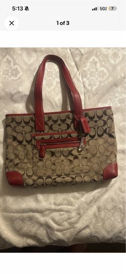 Coach Signature Tote Bag with Red Leather Trim