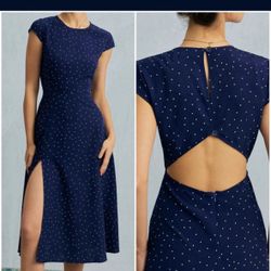 The Navy Round Neck Polka Dot Cutout Midi Dress