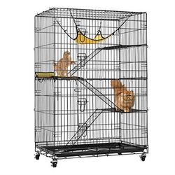 4-Tier 49 Inch Collapsible Metal Cat Kitten Ferret Cage 360° Rotating Casters Enclosure Pet Playpen with Ramp Ladders Hammock and Bed Black Light Usag