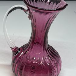 Charming Pilgram Art Glass Cranberry Small Pitcher w Clear Applied Handled 5.25”