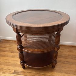 Wooden Side Table with Cane Shelf 