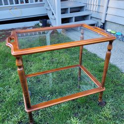 MCM Vintage Wooden Serving Trolley with Glass, 1950s. 26"H×25"W× 17"D