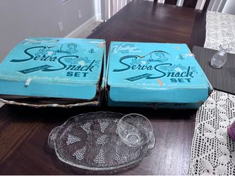 This is a vintage 1950s Anchor Hocking "Serva-Snack Set" in its original teal box - 2 Sets
