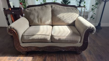 Beige Textured Fabric Loveseat
