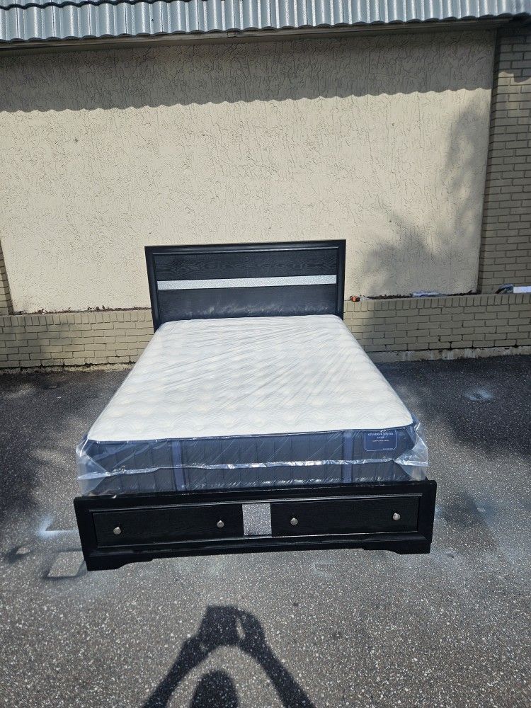 Black Queen Size Solid Wood Platform Bed Frame With Brand New Queen Size Plush Stearns &foster Mattress In Plastic