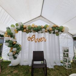 Baby Shower Balloon Garland With Backdrop Sage Green, White And Gold 