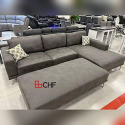2 Pc sectional sofa with 2 Accent pillows and  cocktail ottoman | Right facing chaise and Left facing sofa