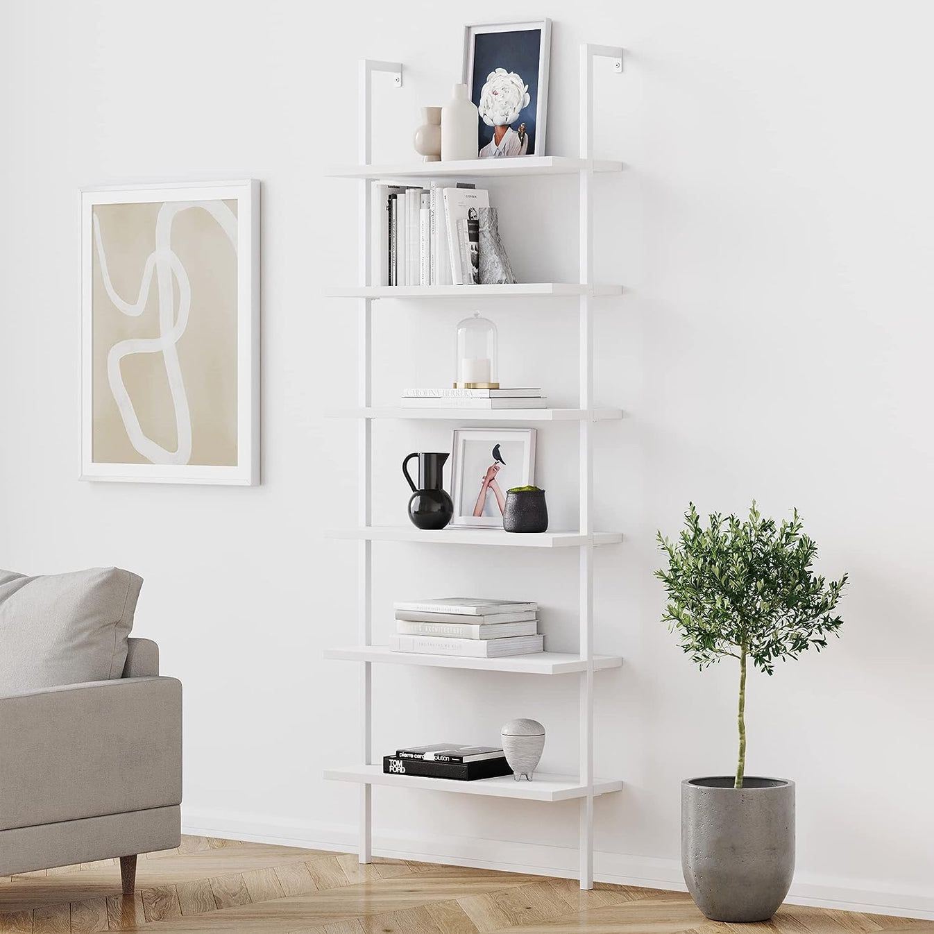 NEW - Nathan James Theo 6-Shelf Tall Modern Bookshelf, Wall Mount Ladder Shelf Bookcase with Wood and Industrial Metal Frame, Matte White - Retail $19