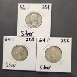 1956 And 1964 D Mint Quarters 90% Silver