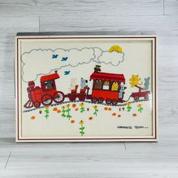 happiness train picture art crafts embroidery Nursery Framed happiness train embroidery dimensions cross stitch 70s 80s animals decor white red wood
