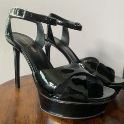 Saint Laurent black patent leather platform ankle strap sandals size 38.5.