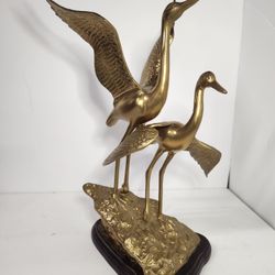 Vintage Brass Bird Statue Pair Of Cranes Set To Fly Heron MCM Hollywood Regency