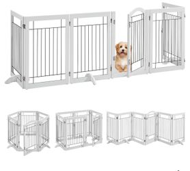 32-inch Tall Dog Gate with Door Extra Wide Pet Gate for Dogs, Foldable Wire & Wooden Puppy Safety Fence w/3 Support Feet,Freestanding Dog Gate for The
