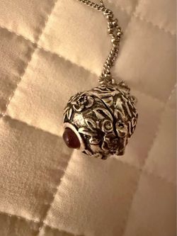 Vintage Floral Silver Locket Necklace with Red Stone