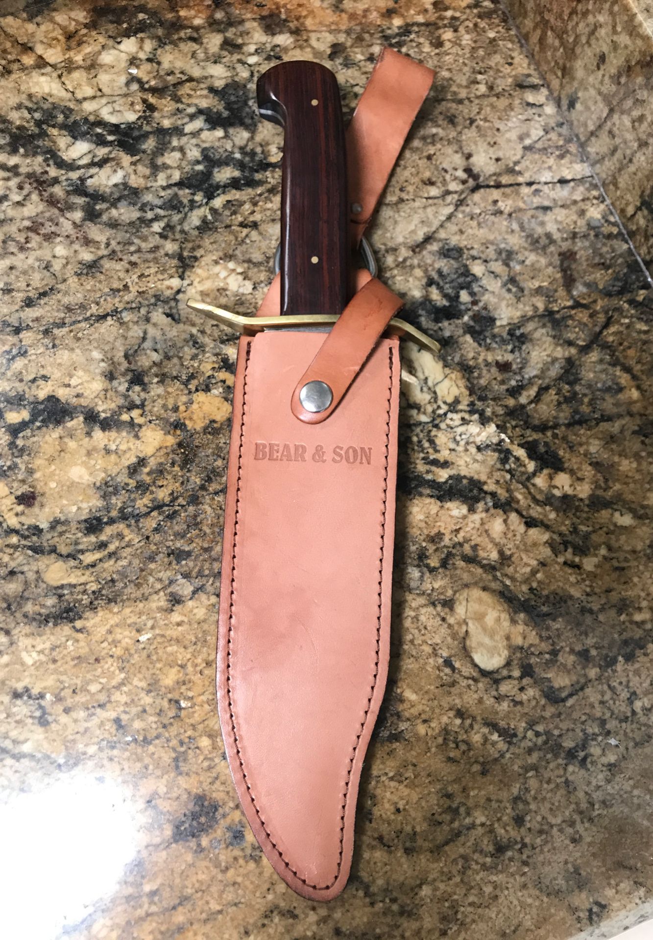 Bear & Son Cutlery CB00 Cocobola Gold Rush Bowie with Leather Sheath Knife, 14 3/4"