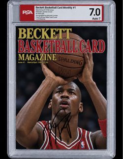 Michael Jordan Signed 1990 Beckett Basketball Magazine #1 PSA 7 / AUTO 7 Dual Grade