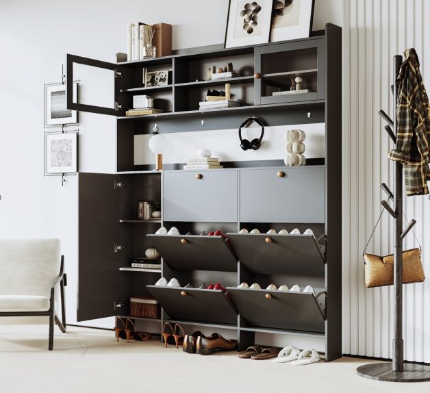   Multifunctional Shoe Cabinet with Storage Shelf & 6 Flip Drawers, Hall Tree with Tempered Glass Doors, Foyer Cabinet w/ 4 Hooks $159  💥brand new in