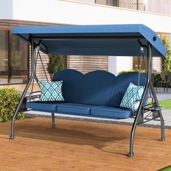 3 Seat Outdoor Porch Patio Swing with Stand 800lbs 2-in-1 Convertible Swing Bed with Adjustable Canopy & Removable Cushion for Yard Garden Deck (Blue,