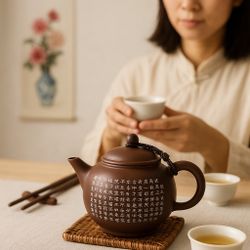 Chinese 1990s Yixing Purple Clay Teapot Heart Sutra Lid With Cord, 3.5x2”